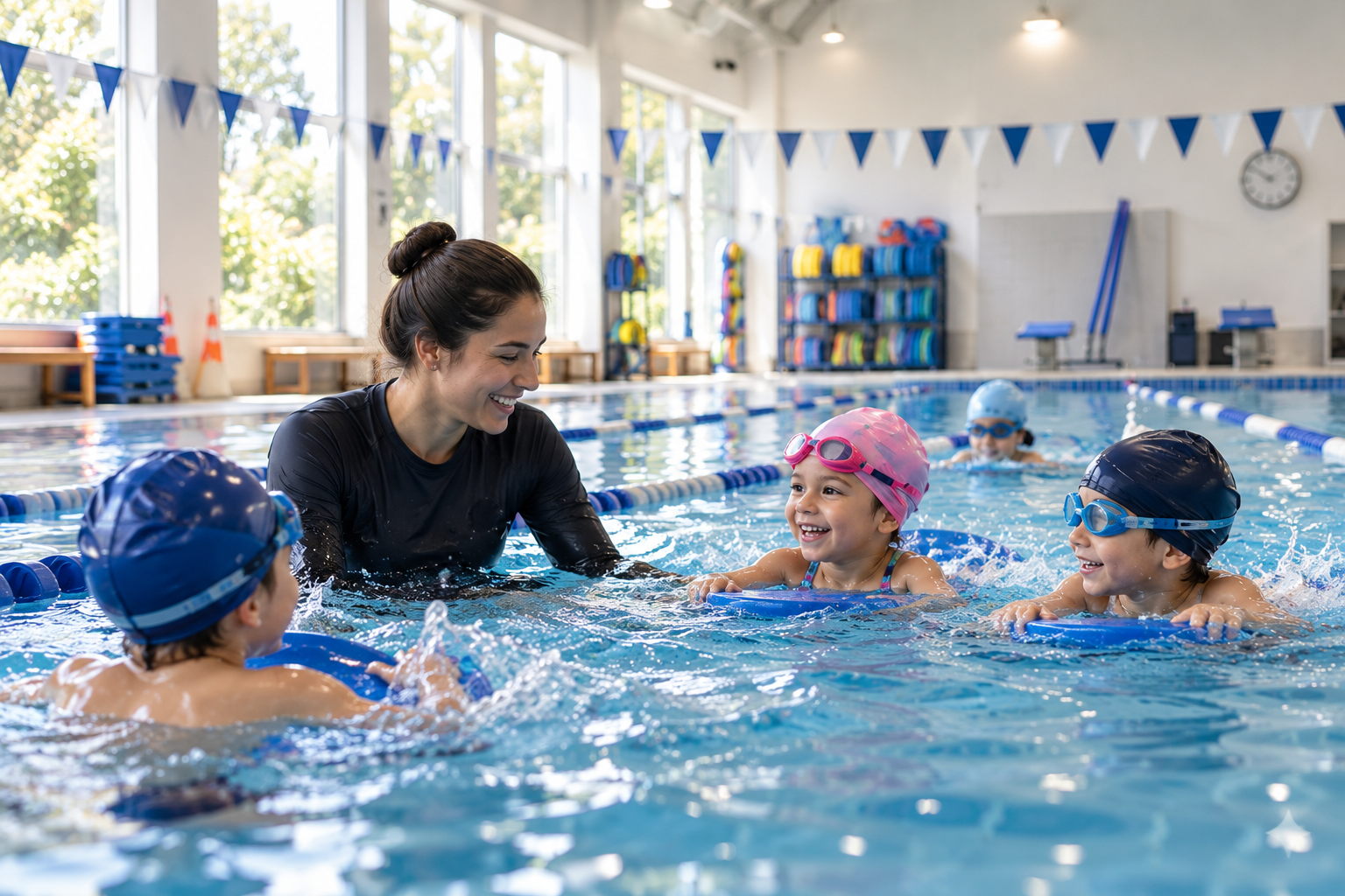 Instructora de natación guiando a alumnos en piscina de Academia Diyer